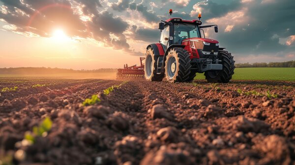 Ein Landwirt mit einem Traktor und einer Erntemaschine bei der Arbeit auf dem Feld, um den Boden vorzubereiten. Landwirtschaftliches Konzept, das für die Produktion geeignet ist. Ein Traktor auf einer Sojabohnenfarm im Frühling Sonnenuntergang. generative KI