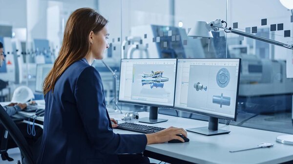 Porträt eines jungen und selbstbewussten Wirtschaftsingenieurs, der am Computer arbeitet; auf dem Bildschirm ist eine CAD-Software zu sehen, die einen Elektromotor der neuen Generation zeigt. Industrieanlage mit Hightech-CNC-Maschinen.