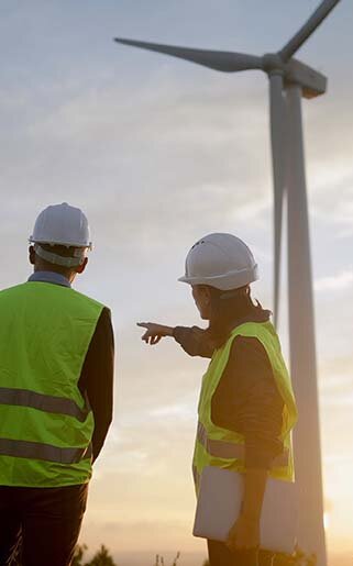 Ingenieure überprüfen den Betrieb eines Windkraftwerks, besprechen bei Sonnenuntergang die Strategie für ein Projekt im Bereich erneuerbare Energien und gestalten so eine nachhaltige Zukunft