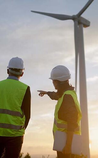 Ingenieure überprüfen den Betrieb eines Windkraftwerks, besprechen bei Sonnenuntergang die Strategie für ein Projekt im Bereich erneuerbare Energien und gestalten so eine nachhaltige Zukunft